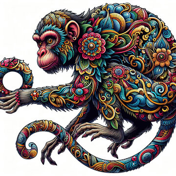  A monkey depicted in vibrant tattoo art style against a clean white transparent background