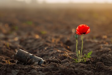A poignant image of a single, bright red poppy growing in the center of an otherwise barren field, with a deactivated mine partially buried in the soil nearby. - obrazy, fototapety, plakaty