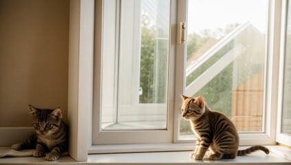 cute kitten sitting next to a sun-drenched window, basking in the warm glow of sunlight