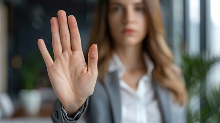 Stop, hand sign and woman with no gesture for sexual harassment and violence in workplace. Business professional
