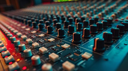 a sound board with many knobs