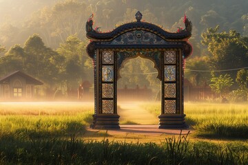A pristine, early morning landscape showcasing a tranquil field bathed in the soft, golden light of dawn, with a beautifully decorated  symbolizes the entrance to the celebration of Eid ul Fitr.