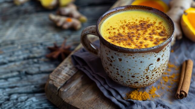 A cup of golden milk with turmeric