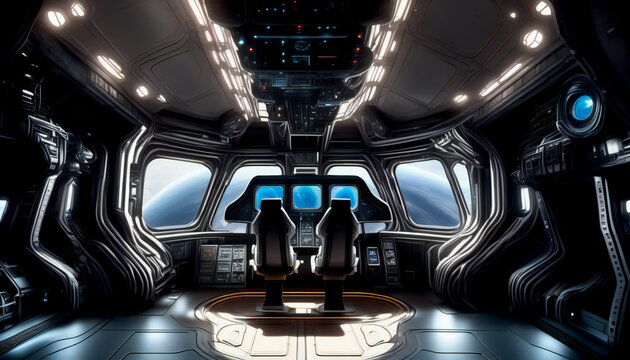 interior of a futuristic spaceship landing on alien planet Cockpit view 