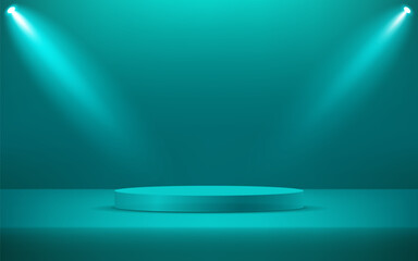 Green Blue cylinder pedestal podium. Empty room with spotlight effect. Use for product display presentation, cosmetic display mockup, showcase, media banner, etc. Vector illustration