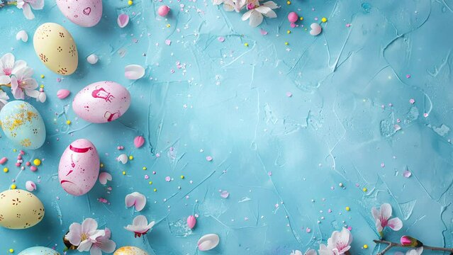 Easter composition in blue tones. Flatley. Easter eggs with cherry blossoms on a blue countertop. Copyspace. Generated by artificial intelligence. Seamless looping animation.