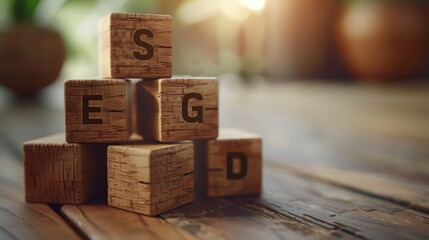 ESG Concept on Wooden Cubes, Wooden cubes on a desk spell out ESG, symbolizing the integration of Environmental, Social, and Governance factors