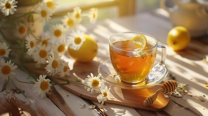 A cup of chamomile tea with honey and lemon