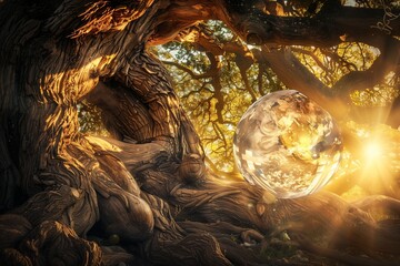 A striking image of a crystal globe gently cradled in the branches of a robust, ancient tree, symbolizing the unity of nature and the world on Earth Day.