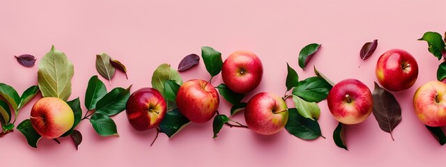 a group of apples with leaves