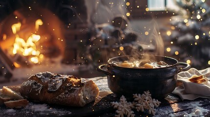 A cozy winter scene with a pot of simmering soup and crusty bread