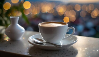 Fototapeta premium High-quality photo , A white Cup Of Coffee On A Saucer With A Spoon, A Tilt Shift Photo,