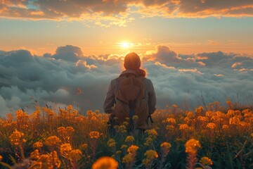 Silhouetted against the vibrant orange sky, a lone hiker watches the sun setting above a sea of clouds among blooming flowers