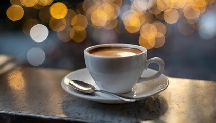 High-quality photo , A white Cup Of Coffee On A Saucer With A Spoon, A Tilt Shift Photo,