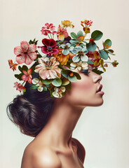 A woman with flowers in her hair and a neutral expression on her face. Pop collage , colorful and vibrant floral Fashion, pop - 753818774