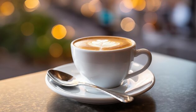 High-quality photo , A white Cup Of Coffee On A Saucer With A Spoon, A Tilt Shift Photo,