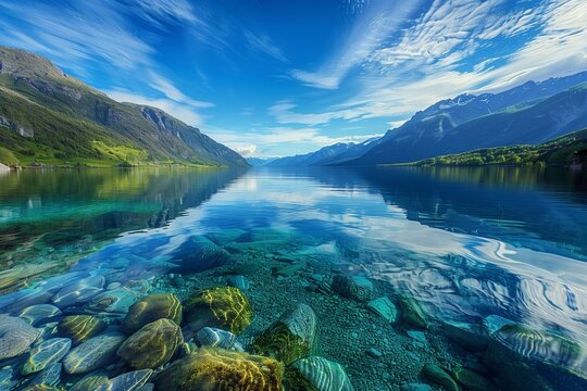 An awe-inspiring image of a crystal-clear lake reflecting the surrounding mountains and sky, showcasing the pristine beauty of nature on Earth Day.