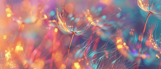 Iridescent Wavelengths: Dandelion's tranquil wavy form shimmers with iridescence. - obrazy, fototapety, plakaty