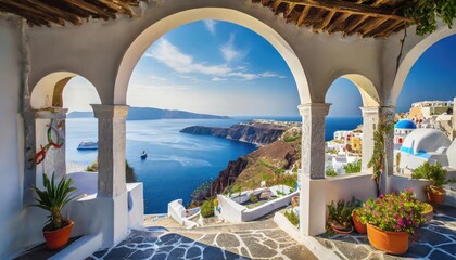 High-quality photo , view of arched gate with a view to the sea beach living Santorini island - obrazy, fototapety, plakaty