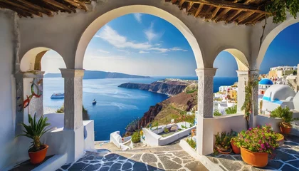 Rolgordijnen High-quality photo , view of arched gate with a view to the sea beach living Santorini island © blackdiamond67
