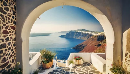 Outdoor kussens High-quality photo , view of arched gate with a view to the sea beach living Santorini island © blackdiamond67