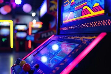Fototapeta na wymiar Illuminated arcade game in neon game zone