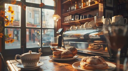 A cozy cafe scene with freshly brewed coffee and a selection of pastries - obrazy, fototapety, plakaty