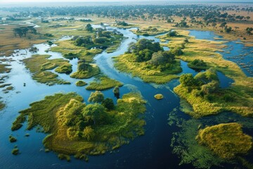 Serpentine River Flowing Through Vibrant Green Savannah