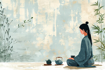 Serene profile of a woman with tea set against textured backdrop. Simplified digital illustration in earth tones. Calmness and simplicity concept for wall art and meditation space decor