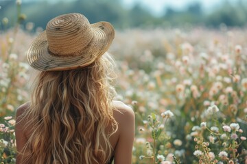 In a field of soft pink blooming flowers, a woman with a straw hat gazes into the distance, embracing nature's beauty