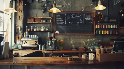 A cozy cafe scene with a chalkboard menu, vintage decorationand freshly brewed coffee - obrazy, fototapety, plakaty