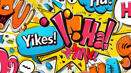 A series of speech balloons with comic-style fonts, showcasing expressions like 