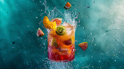  a vibrant, tropical-colored cocktail exploding with freshness
