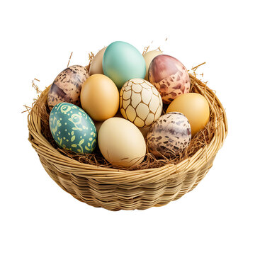 easter eggs in basket on a transparent background, PNG is easy to use.