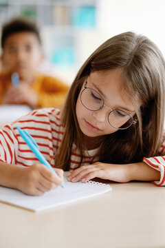 Studious schoolgirl study hard jot down notebook curriculum smart