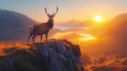 Papier Peint photo Lavable Cerf A deer overlooking the sunset in the landscape