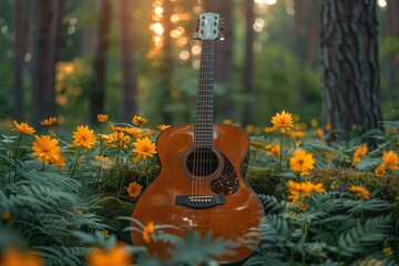 A beautifully crafted acoustic guitar lies against a backdrop of vibrant yellow flowers and a...