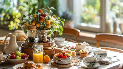A cozy breakfast nook with a spread of pastries, fruits, and freshly brewed coffee - obrazy, fototapety, plakaty