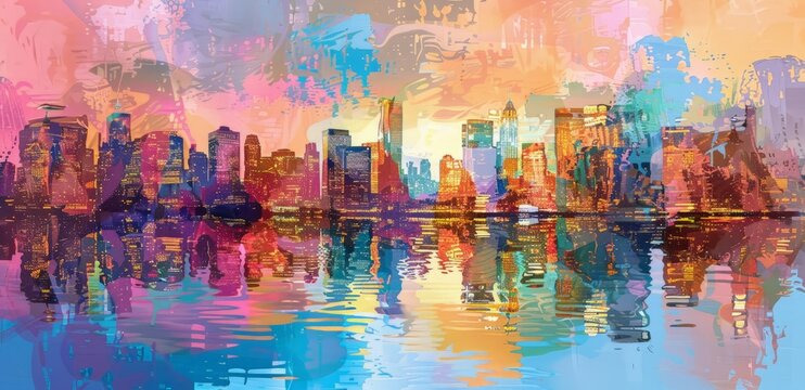 A painting depicting a cityscape with tall buildings, roads, and bridges reflected in the water below.