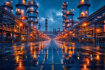 Fototapeta premium An industrial plant lit up with vibrant lights reflecting on wet surfaces creates a futuristic cityscape scene