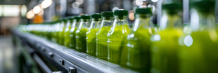 A line of lemonade bottles moving along a conveyor belt in a beverage factory. The bottles are being manufactured and packaged for distribution - Powered by Adobe