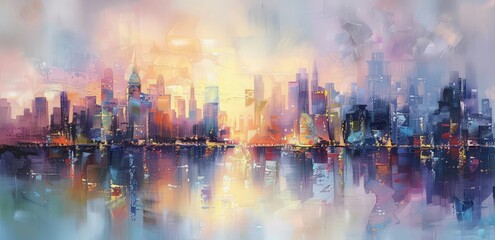 A painting depicting a cityscape with a lake prominently featured in the foreground, showcasing the architectural structures against a backdrop of serene waters. - obrazy, fototapety, plakaty