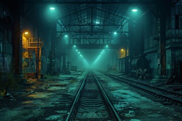 Naklejka premium A deserted railway track leads through a dimly lit, atmospheric, old industrial building, evoking a sense of mysteriously abandoned history