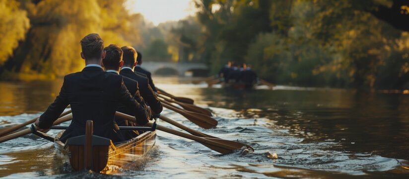 Group of businessmen in suits row oars in a boat on the river at competition, concept of perfect candidate and team building work with colleagues.