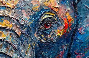 Close-up view of an elephants face covered in paint, showcasing intricate patterns and colors.