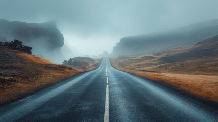 Enigmatic Pathway Through Mist-Covered Mountains - obrazy, fototapety, plakaty
