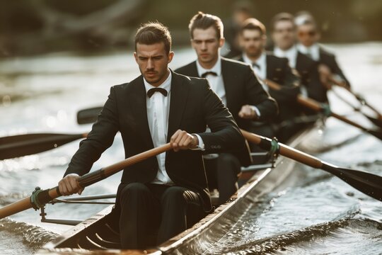 Group of businessmen in suits row oars in a boat on the river at competition, concept of perfect candidate and team building work with colleagues.