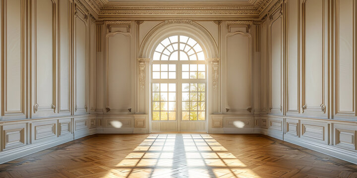 This photo depicts an empty room with high ceilings, large windows, and a marble floor. The natural light floods the space, highlighting the elegance of the marble floor