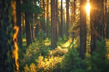 Obraz premium Sunlight streaming through a pine forest