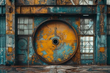 The gritty texture of a large rusty circular door, contrasting with the decayed blue paint on an industrial building